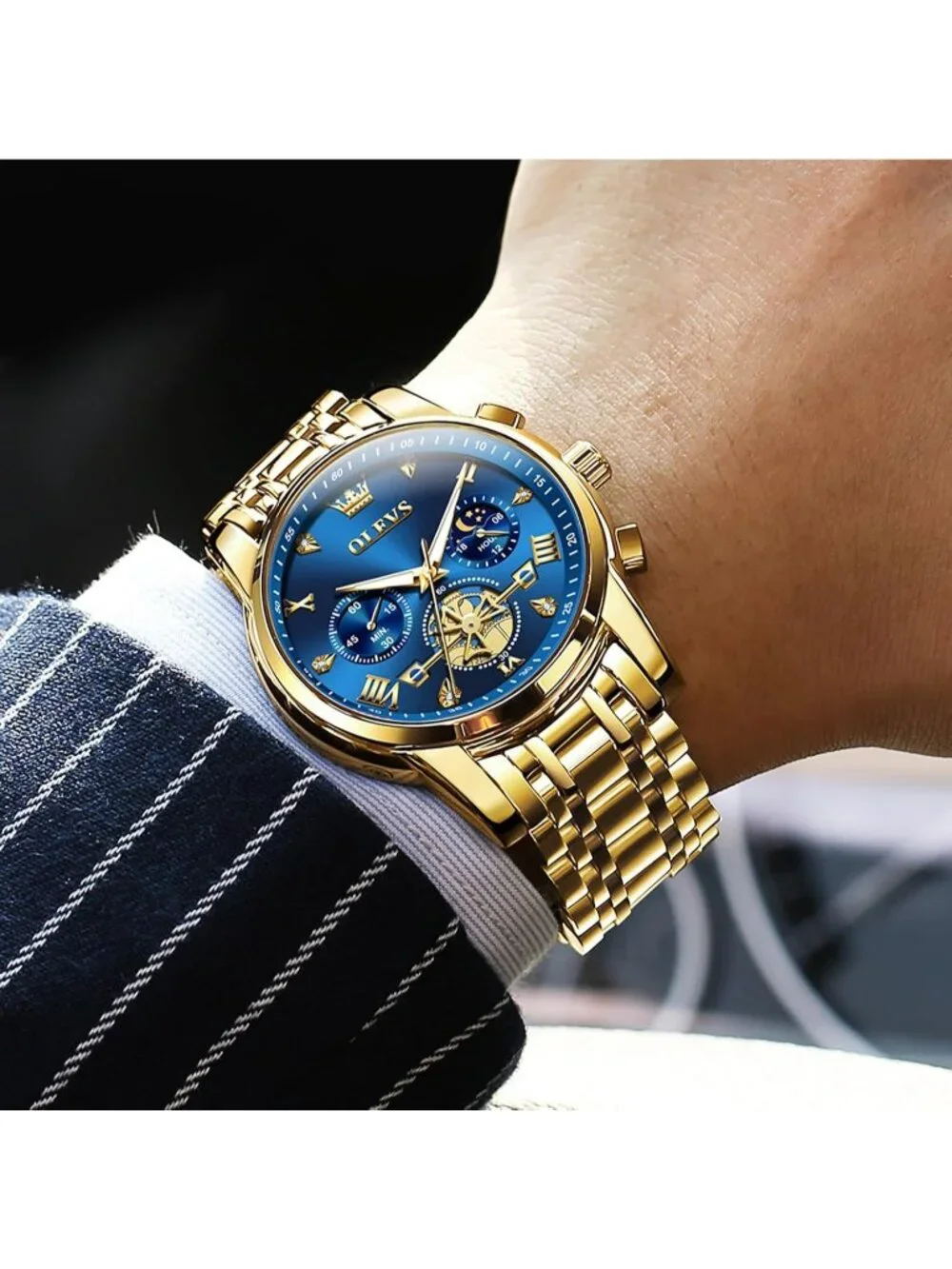 Men's Blue / Gold Stainless Steel Chronograph Waterproof Quartz Dress Watch